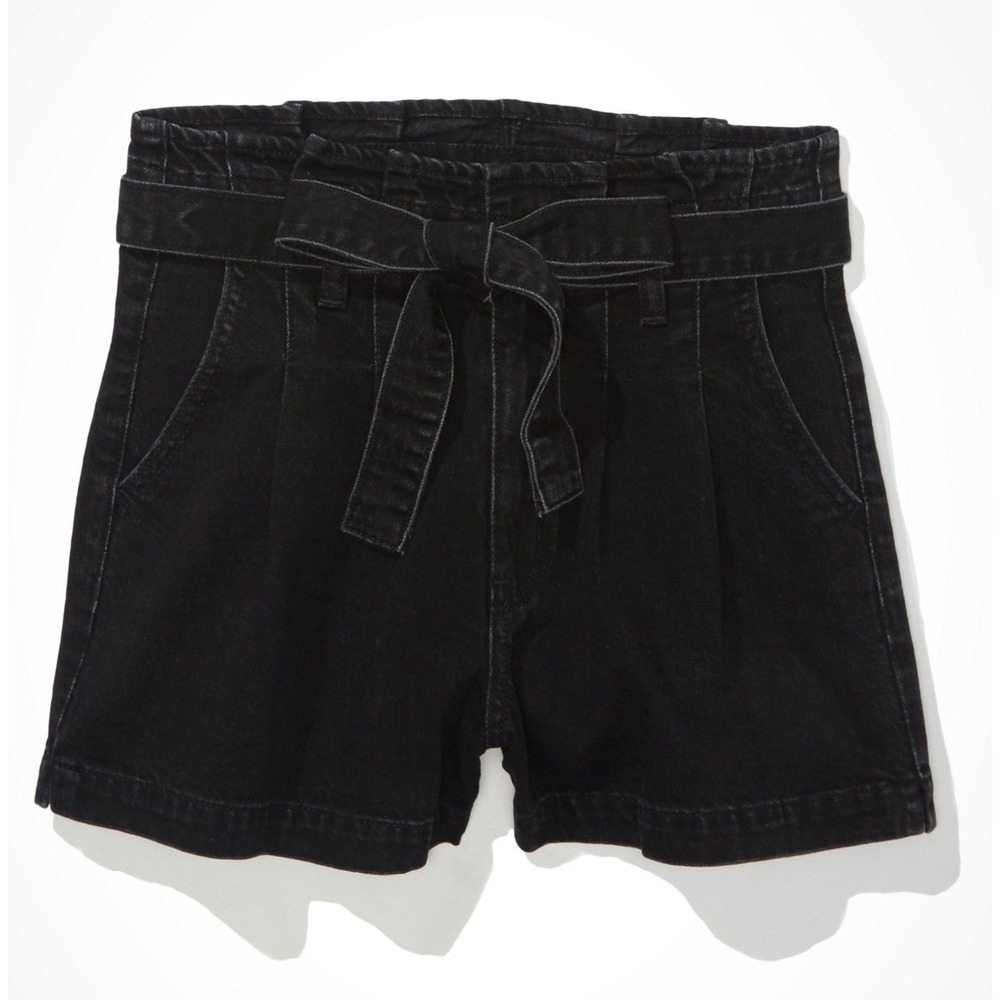American Eagle Black Paperbag Highest Rise Mom‎ Shorts Tie Waist Button Fly Sz 2